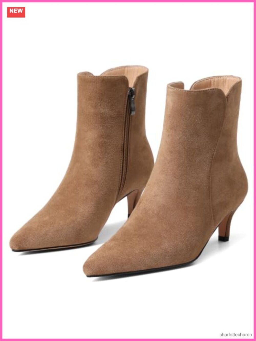 Faux Suede Kitten Heel Ankle Booties for Women, Pointed Toe Side Zipper Boots